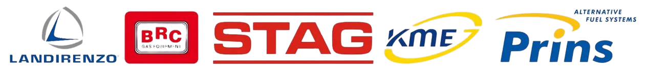 Logos der Hersteller Landirenzo, BRC, STAG, KME und Prins